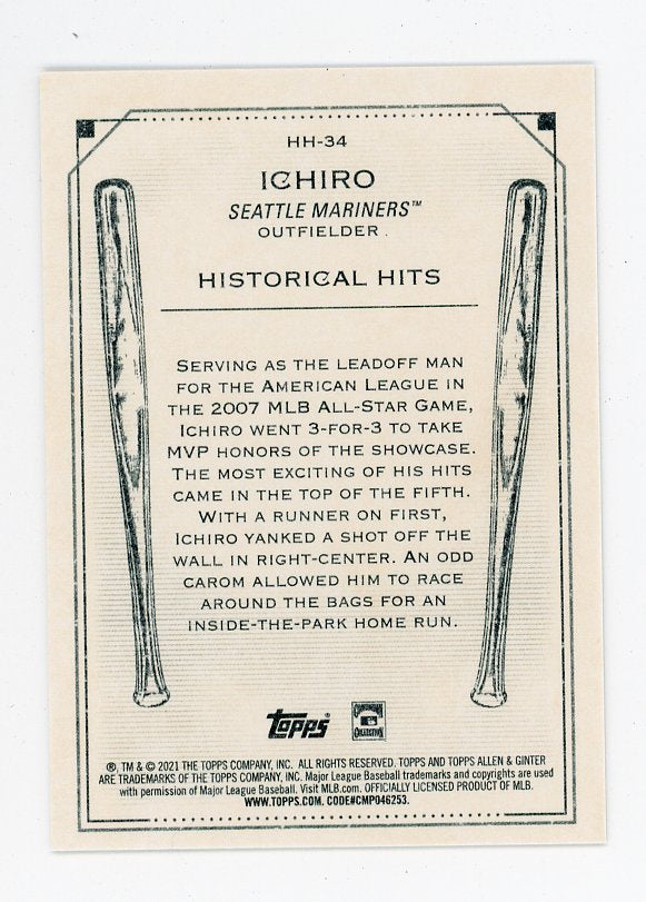 2021 Ichiro Historical Hits Allen & Ginter Seattle Mariners # HH-34
