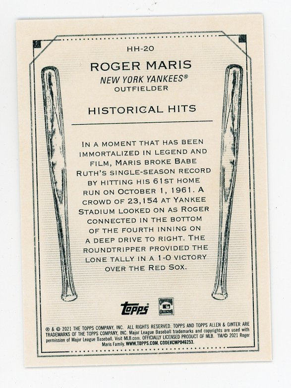 2021 Roger Maris Historical Hits Allen & Ginter New York Yankees # HH-20