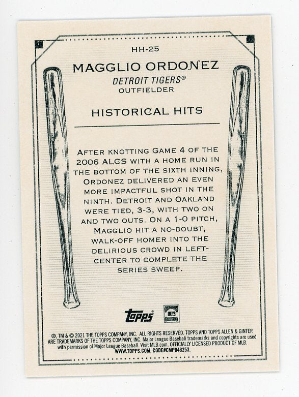 2021 Magglio Ordonez Historical Hits Allen & Ginter Detroit Tigers # HH-25