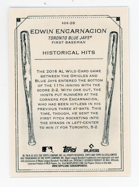 2021 Edwin Encarnacion Historical Hits Allen & Ginter Toronto Blue Jays # HH-26