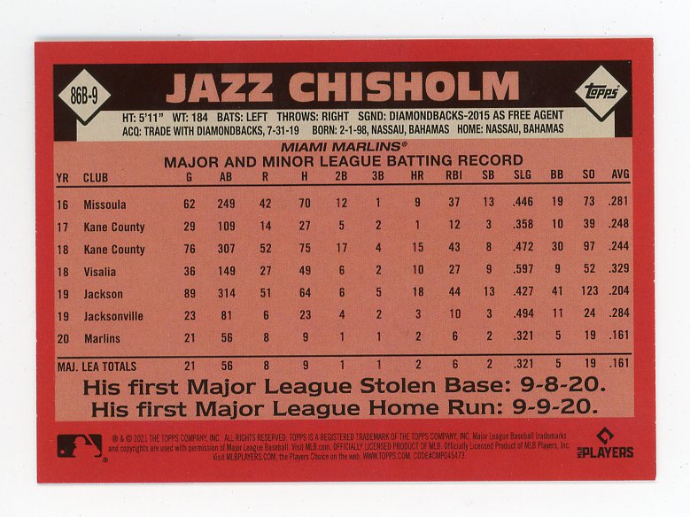 2021 Jazz Chisholm Rookie 35TH Anniversary Topps Miami Marlins # 86B-9