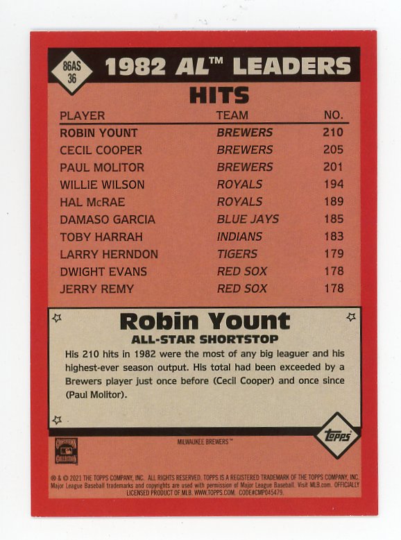 2021 Robin Yount Al All Star 35TH Anniversary Topps Milwaukee Brewers # 86AS-36