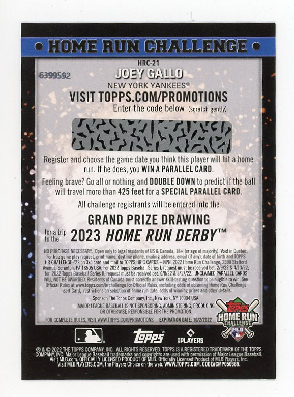 2022 Joey Gallo Home Run Challenge Topps New York Yankees # HRC-21