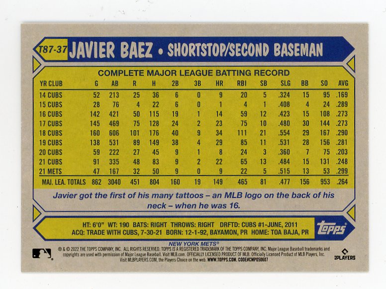 2022 Javier Baez 35TH Anniversary Topps New York Mets # T87-37