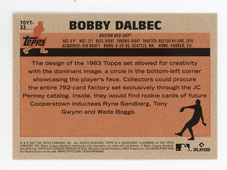 2021 Bobby Dalbec Rookie Topps 70 Boston Red Sox # 70YT-33