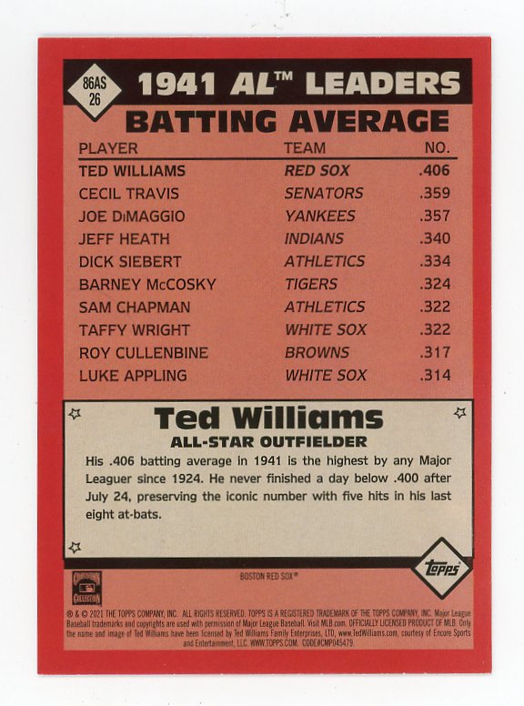 2021 Ted Williams AL All Star Topps Boston Red Sox # 86AS-26