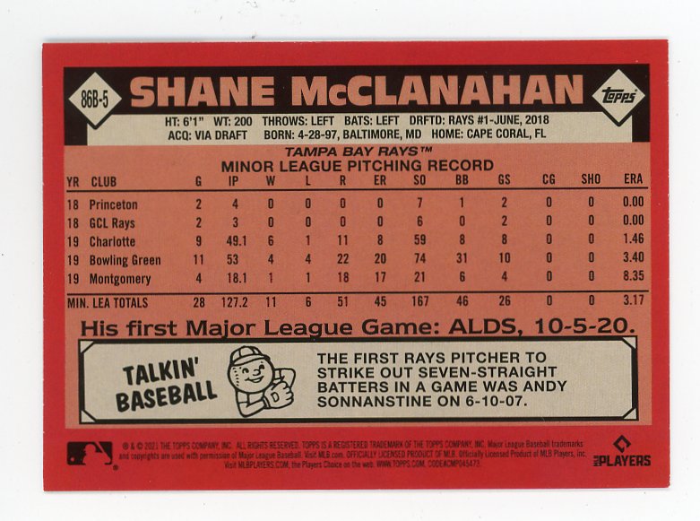 2021 Shane Mcclanahan Rookie 35TH Anniversary Topps Tampa Bay Rays # 86B-5