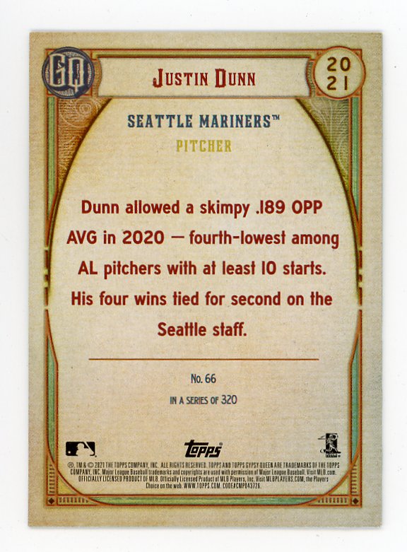 2021 Justin Dunn Green Border Gypsy Queen Topps Seattle Mariners # 66