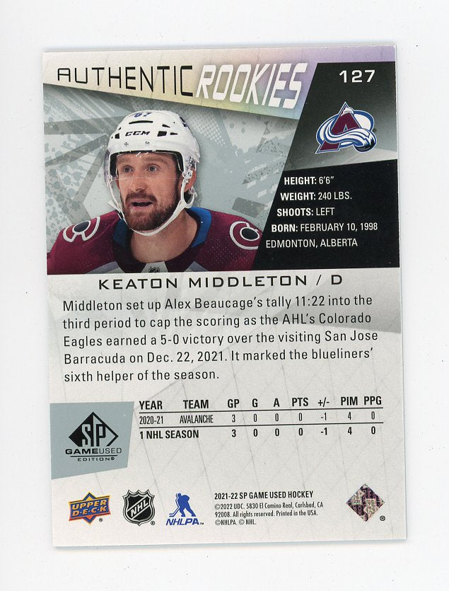 2021-2022 Keaton Middleton Authentic Rookies #D /67 SP Game Used Colorado Avalanche # 127