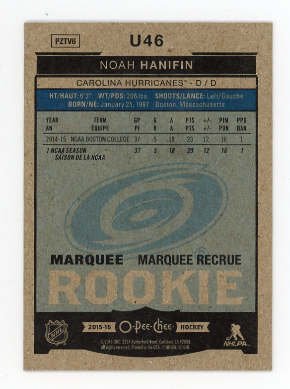 2015-2016 Noah Hanifin Marquee Rookie O-Pee-Chee Carolina Hurricanes # U46