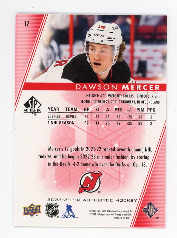 2022-2023 Dawson Mercer Red Limited SP Authentic New Jersey Devils # 17