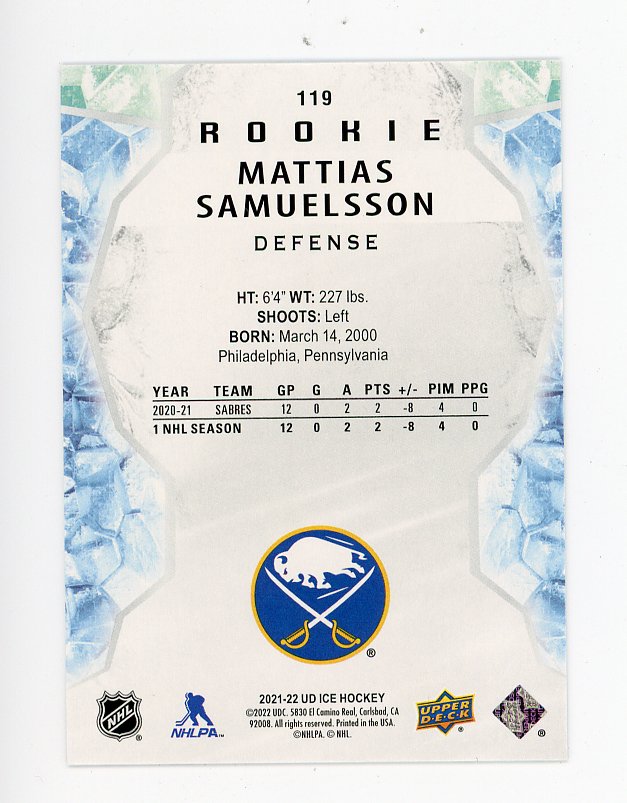 2021-2022 Mattias Samuelsson Rookie Ice Upper Deck Buffalo Sabres # 119