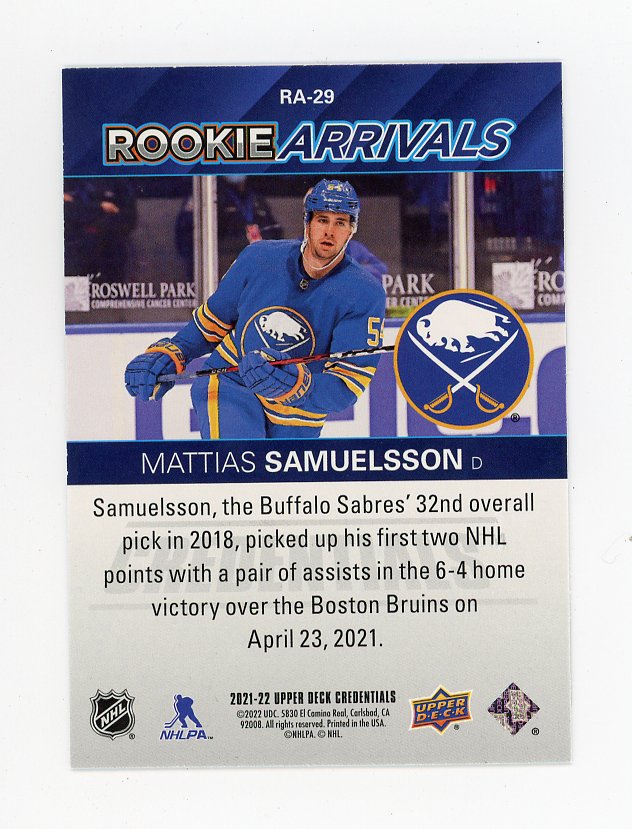 2021-2022 Mattias Samuelsson Rookie Arrivals Credentials Upper Deck Buffalo Sabres # RA-29