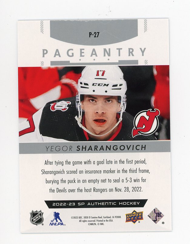 2022-2023 Yegor Sharangovich Pageantry SP Authentic New Jersey Devils # P-27