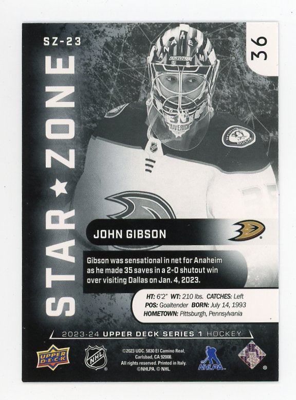 2023-2024 John Gibson Star Zone Upper Deck Anaheim Ducks # SZ-23