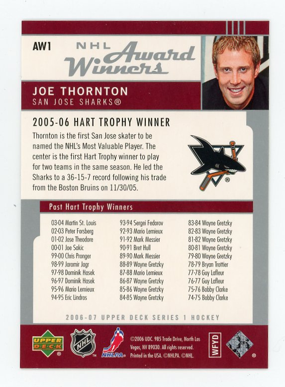 2006-2007 Joe Thornton Award Winners Upper Deck San Jose Sharks # AW-1