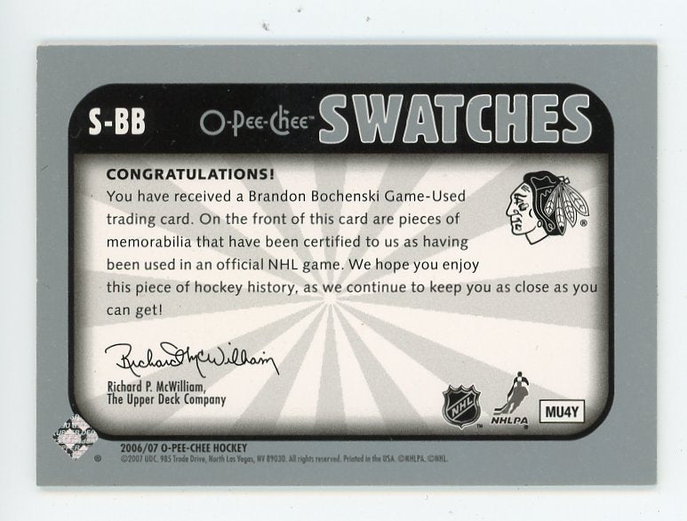2006-2007 Brandon Bochenski Swatches O-Pee-Chee Chicago Blackhawks # S-BB