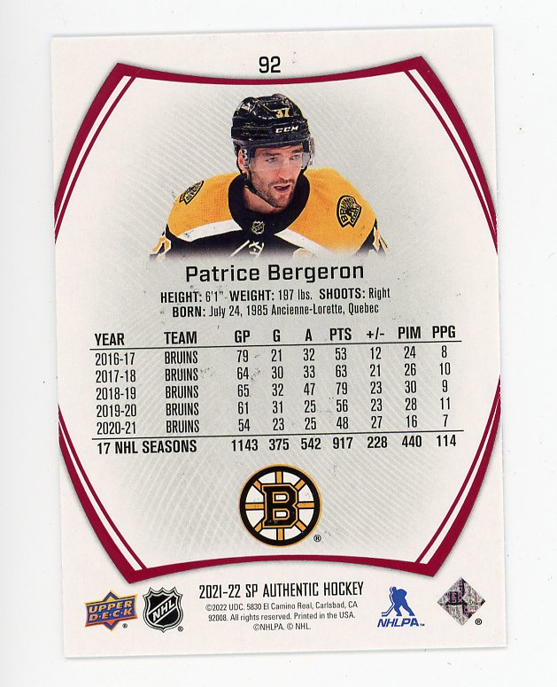 2021-2022 Patrice Bergeron Red Limited SP Authentic Boston Bruins # 92