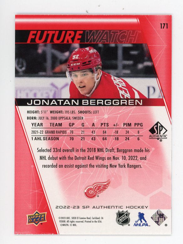 2022-2023 Jonatan Berggren Future Watch Red SP Authentic Detroit Red Wings # 171