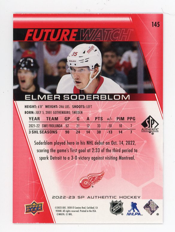 2022-2023 Elmer Soderblom Future Watch Red SP Authentic Detroit Red Wings # 145