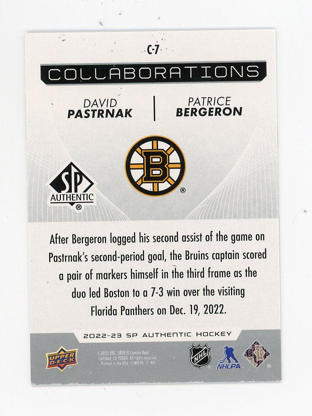 2022-2023 David Pastrnak, Patrice Bergeron Collaborations SP Authentic Boston Bruins # C-7