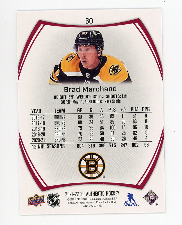 2021-2022 Brad Marchand Red Limited SP Authentic Boston Bruins # 60