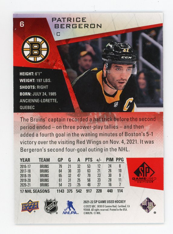 2021-2022 Patrice Bergeron Red #D /205 SP Game Used Boston Bruins # 6