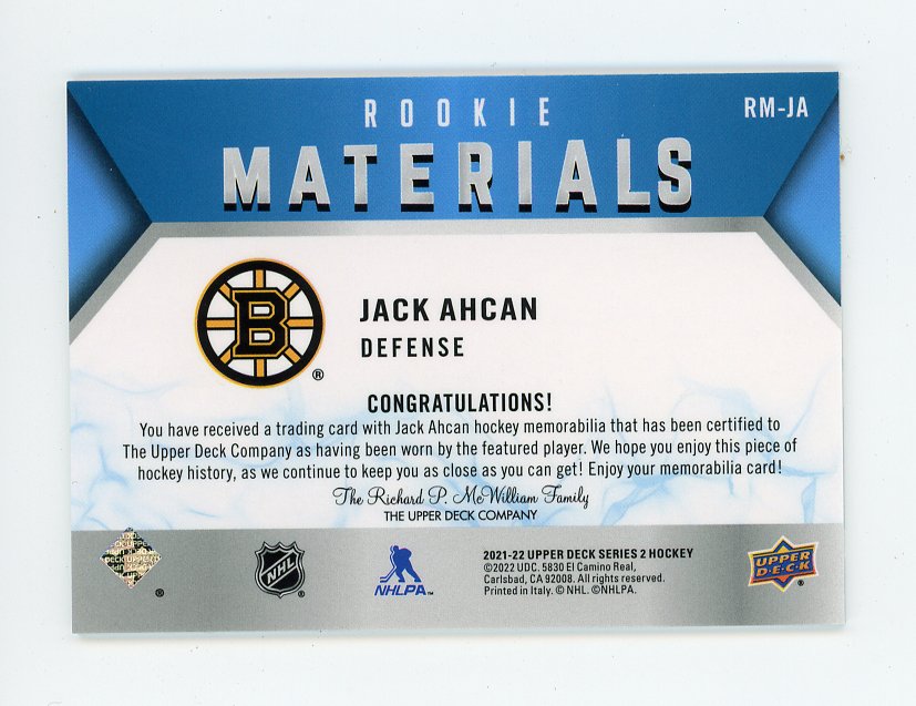 2021-2022 Jack Ahcan Rookie Materials Upper Deck Boston Bruins # RM-JA