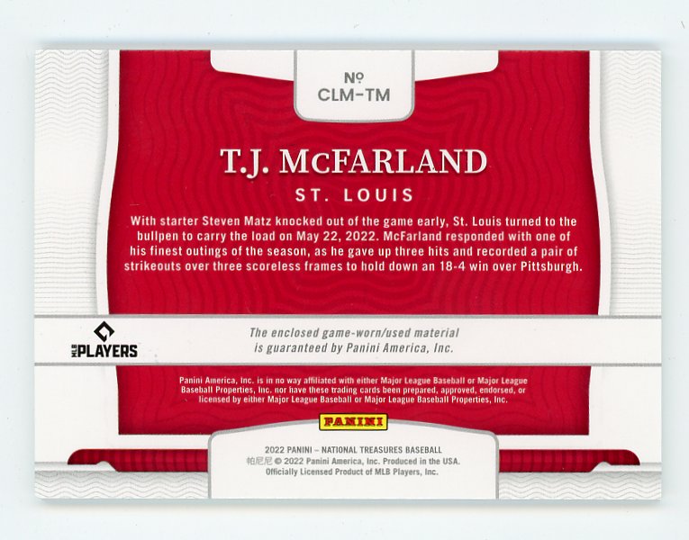 2022 T.J. Mcfarland Colossal #D /10 NAtional Treasures St.Louis Cardinals # CLM-TM