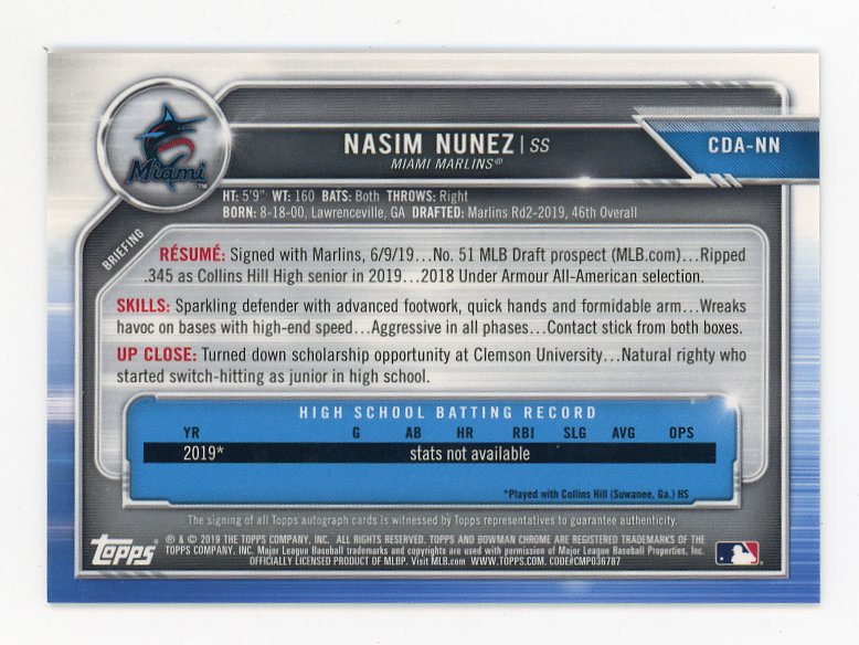 2019 Nasim Nunez Autograph Bowman Chrome Miami Marlins # CDA-NN