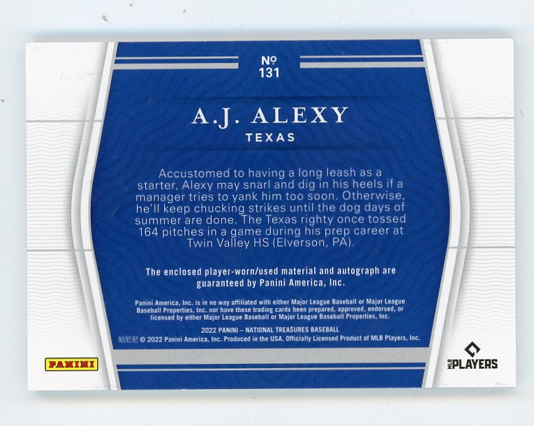 2022 A.J. Alexy Rookie Patch Auto #D /99 National Treasures Texas Rangers # 131