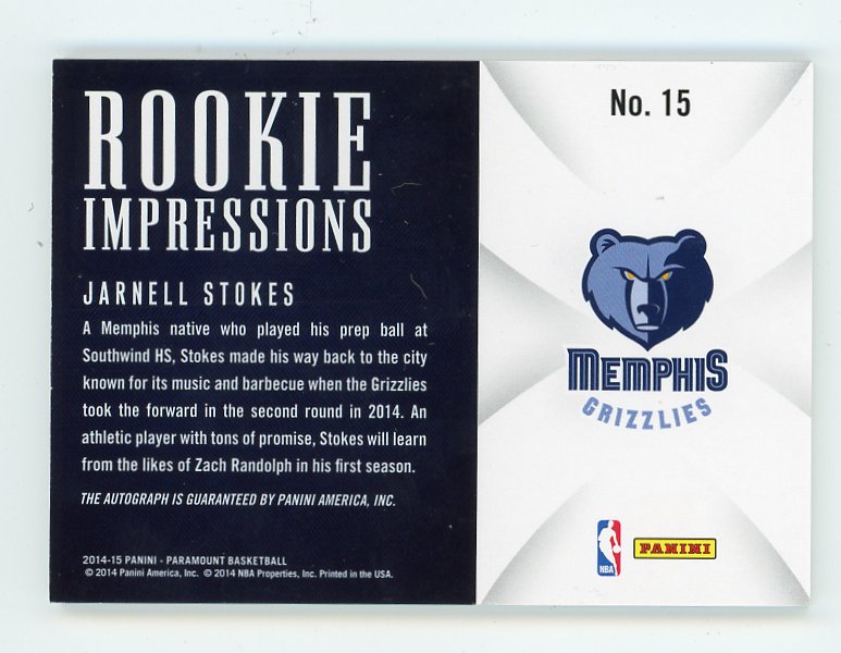 2014-2015 Jarnell Stokes Rookie Impressions Auto #D /49 Paramount Memphis Grizzlies # 15