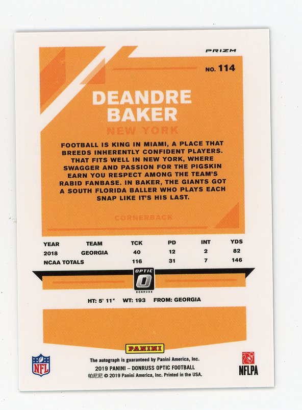 2019 Deandre Baker Rookie Auto Bronze Donruss Optic New York Giants # 114