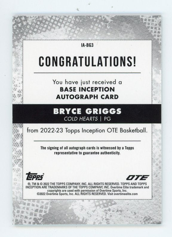 2022 Bryce Griggs Auto #D /199 Overtime Elite Inception Cold Hearts # IA-BG3
