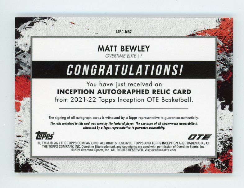 2021 Matt Bewley Patch Auto #D /99 Inception Overtime Elite # IAPC-MB2