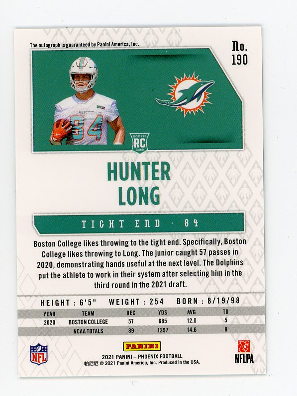 2021 Hunter Long Rookie Refractor Auto Phoenix Miami Dolphins # 190