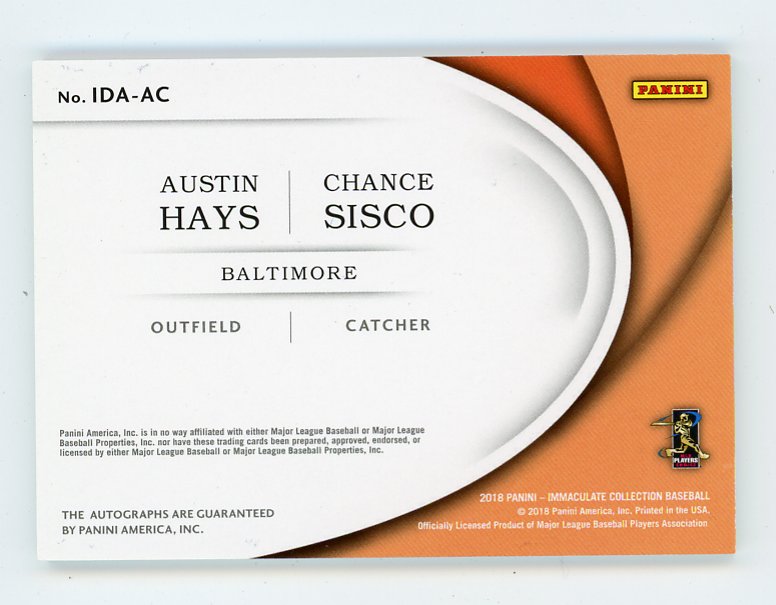 2018 Austin Hays, Chance Sisco Dual Auto #D /49 Immaculate Baltimore Orioles # IDA-AC