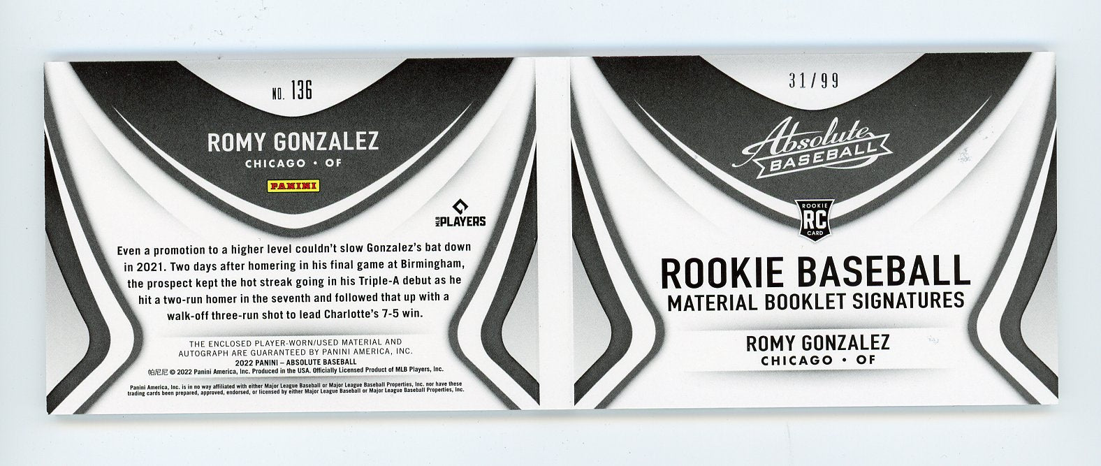 2022 Romy Gonzalez Rookie Booklet Auto #D /99 Absolute Chicago White Sox # 136