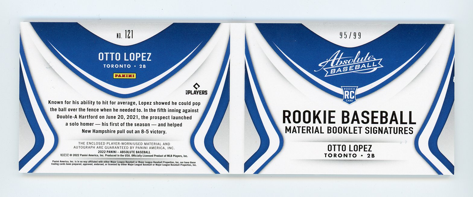 2022 Otto Lopez Rookie Booklet Auto #D /99 Absolute Toronto Blue Jays # 121