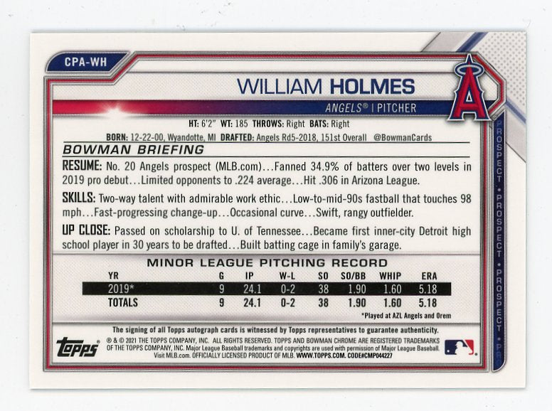 2021 William Holmes Prospect Auto #D /99 Bowman Chrome Los Angeles Angels # CPA-WH