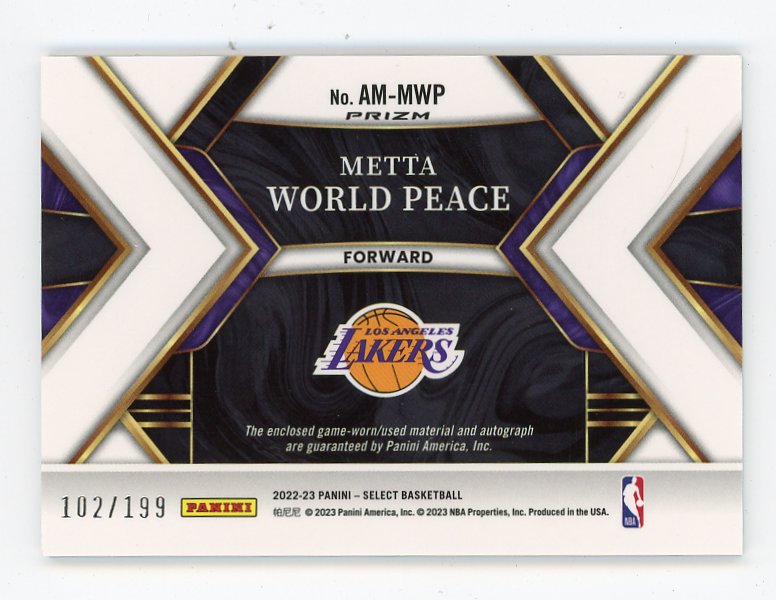 2022-2023 Metta World Peace Patch Auto #D /199 Select Los Angeles Lakers # AM-MWP