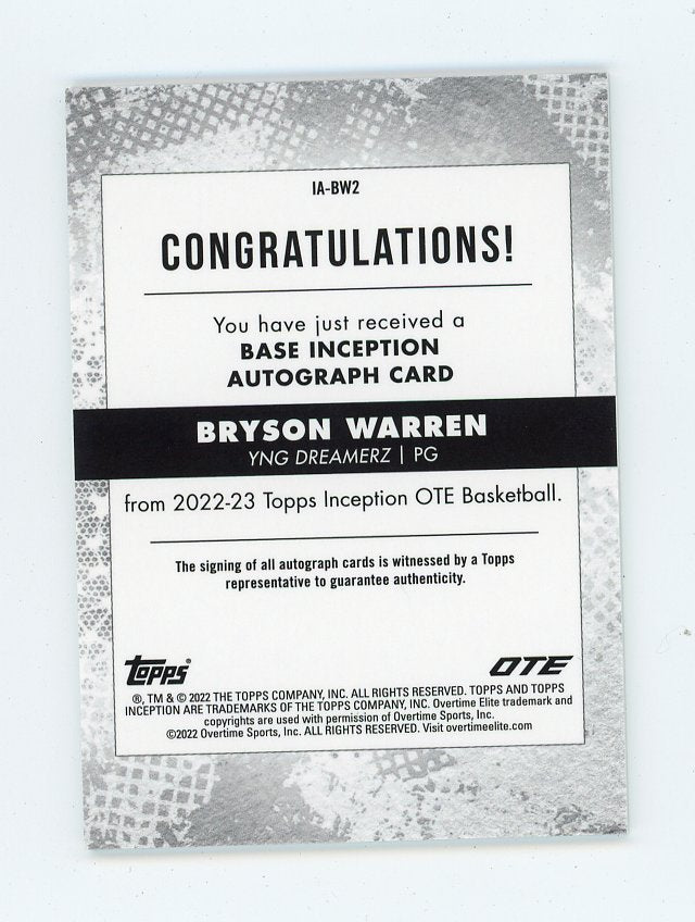 2022 Bryson Warren Auto #D /199 Topps Inception YNG Dreamerz # IA-BW2