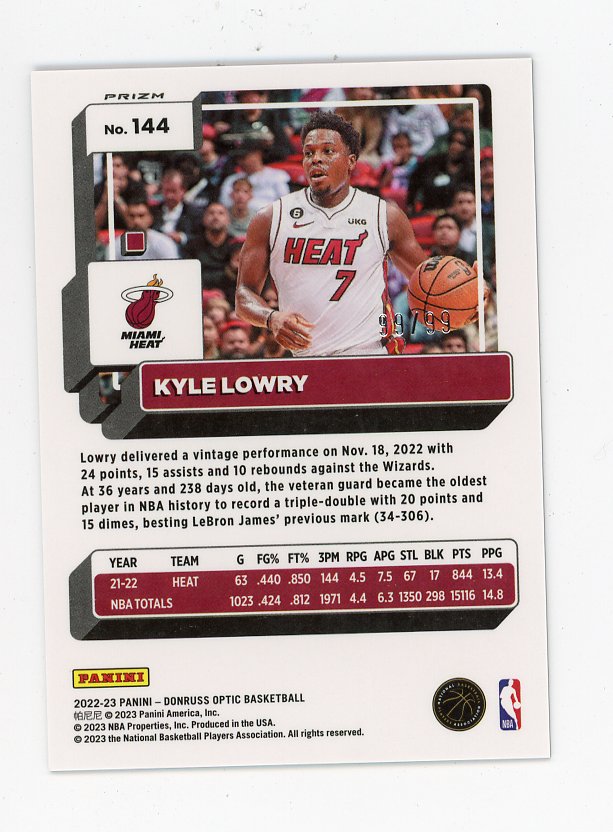 2022-2023 Kyle Lowry Purple Cosmic #D /99 Donruss Optic Miami Heat # 144