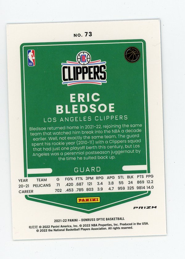 2021-2022 Eric Bledsoe Blue Laser Donruss Optic Los Angeles Clippers # 73
