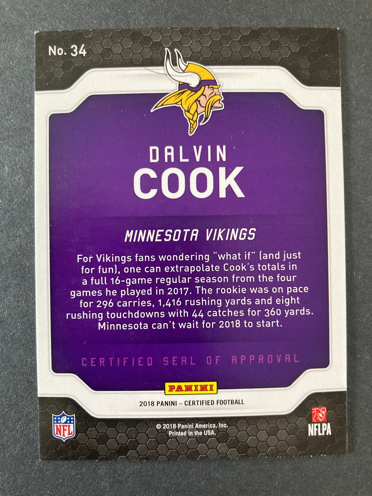 Dalvin Cook 2018 Panini Certified Seal Of Approval #34 Minnesota Vikings NFL