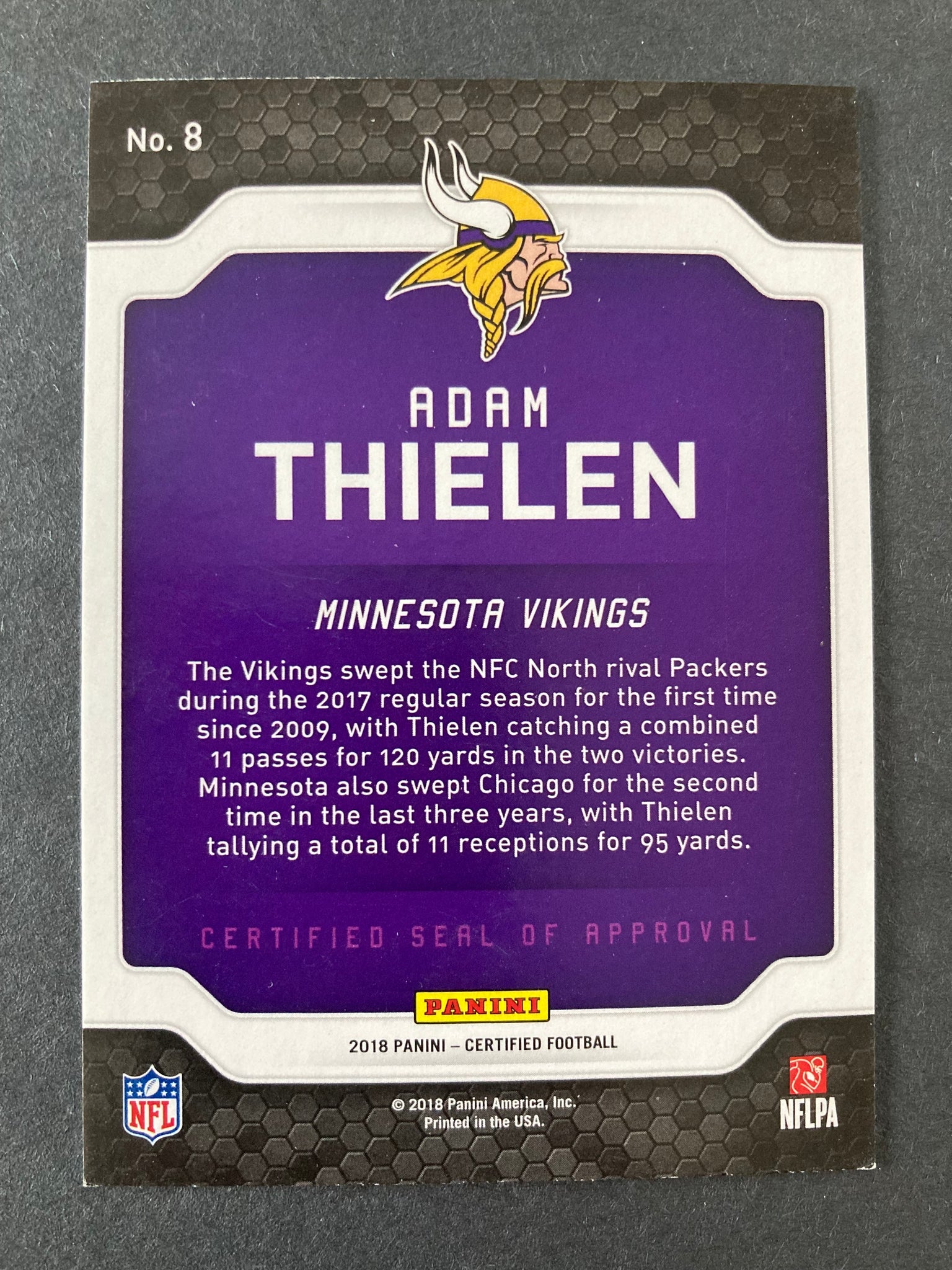 Adam Thielen 2018 Panini Certified Seal Of Approval # 8 Minnesota Vikings NFL