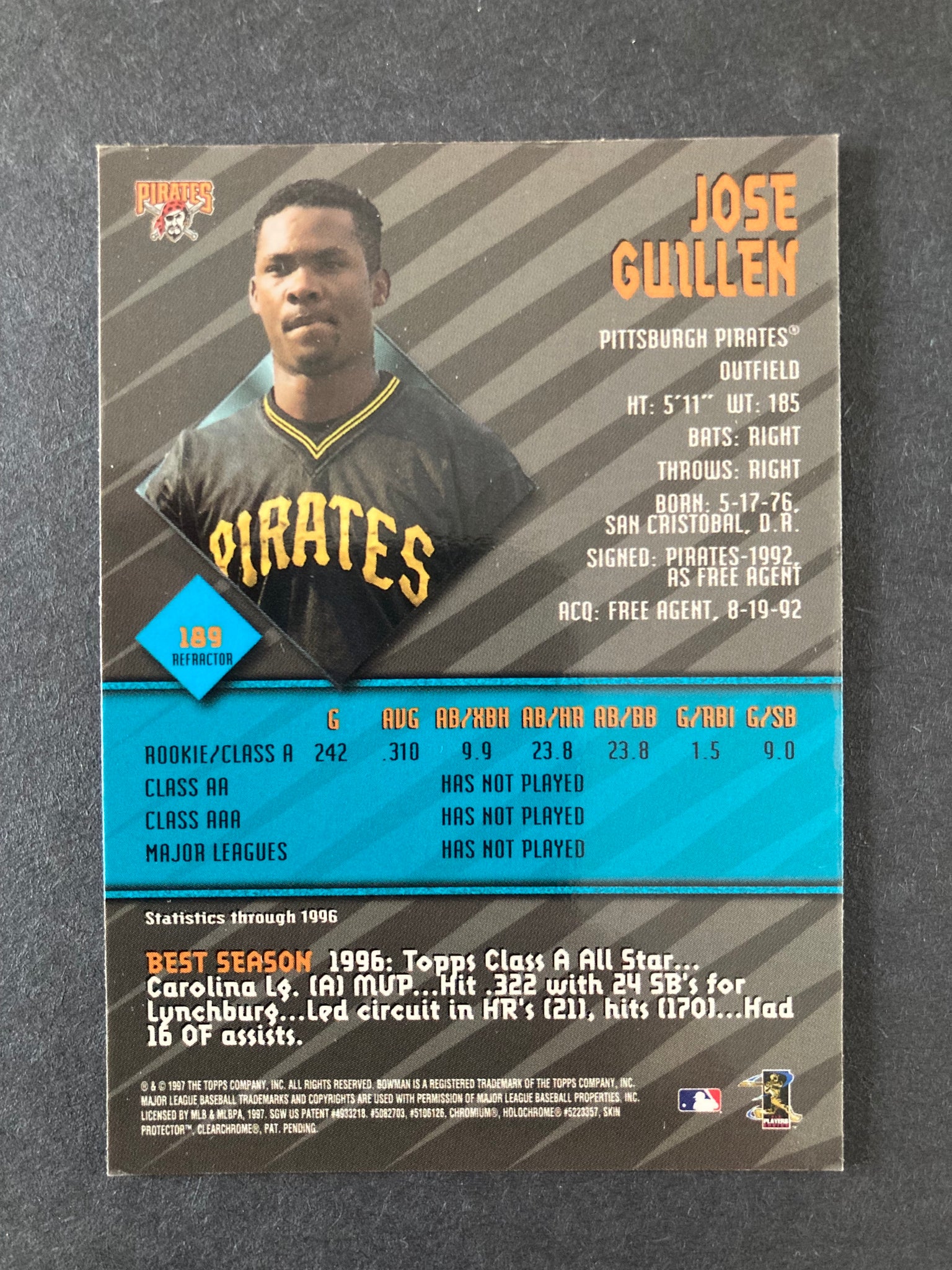 Jose Guillen Bowmans Best #189 Refractor Pittsburgh Pirates MLB