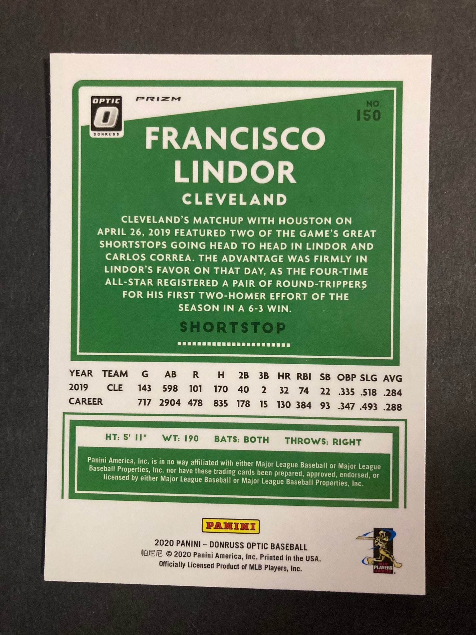 Francisco Lindor Panini Donruss #150 Cleveland Indians Prizm MLB