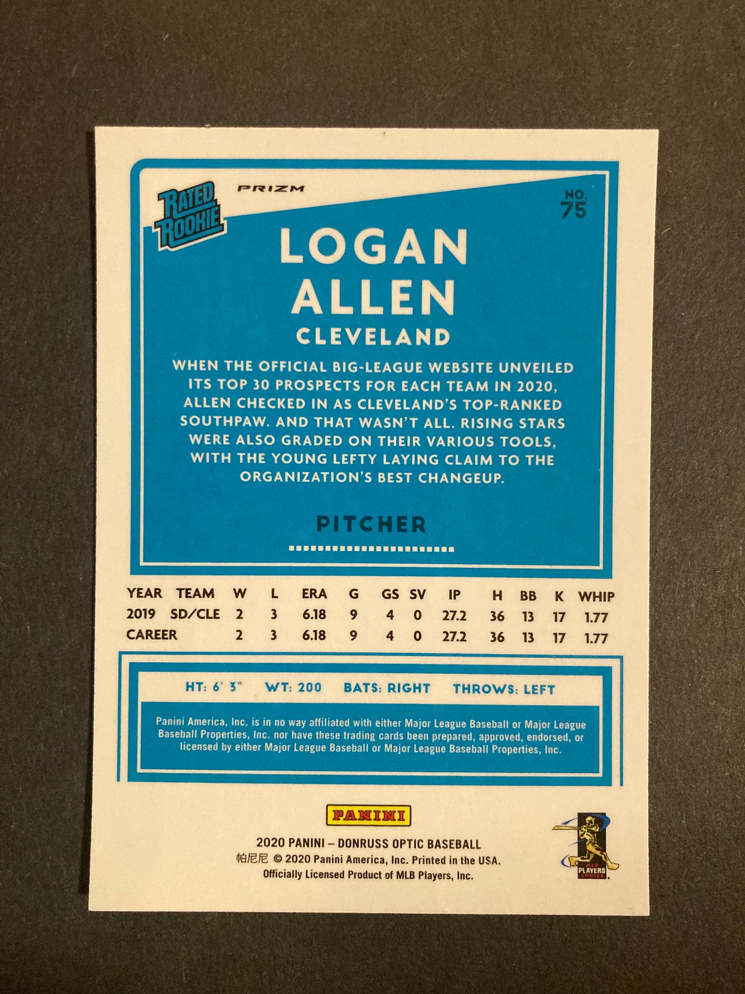 Logan Allen Panini Donruss Rated Rookie #75 Cleveland Indians Prizm