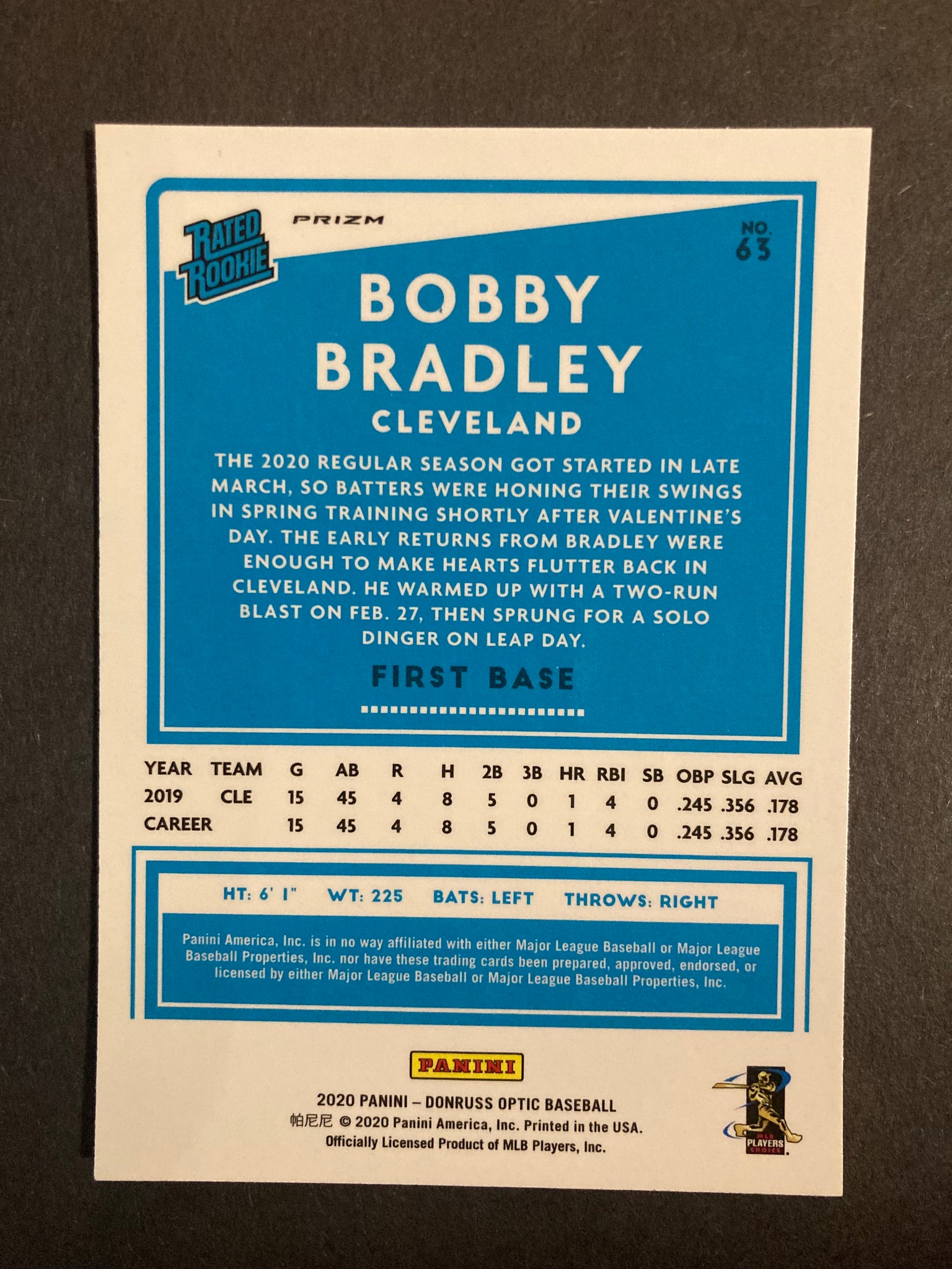 Bobby Bradely Panini Donruss Rated Rookie #63 Prizm Cleveland Indians
